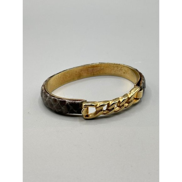 Vintage Gray Snakeskin Bracelet 1980s 1990s Gold Tone Chain Hinged Bracelet - Picture 3 of 7